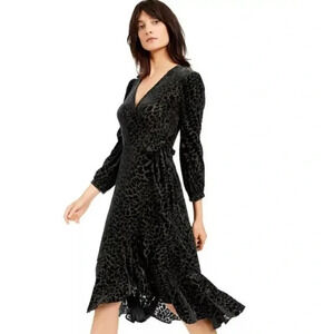 Calvin Klein Black Sheer Leopard Velvet Burnout Wrap Dress Gothic Glam 8